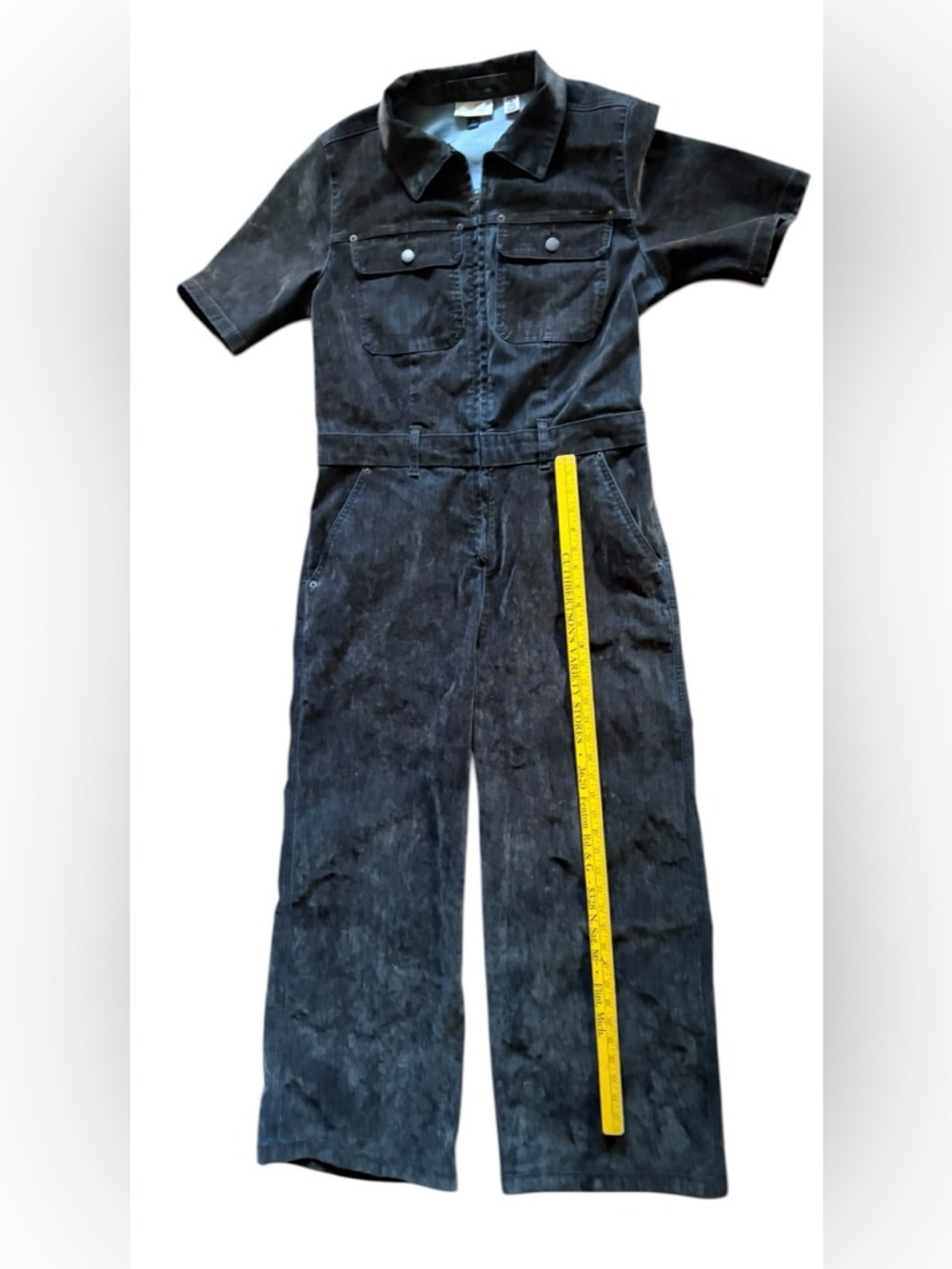 Short-Sleeve Gray Velvet Jean Jumpsuit - Picture 8 of 16